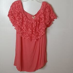 Kori America Women's. Orange short sleeve top with Crochet overlay. Medium